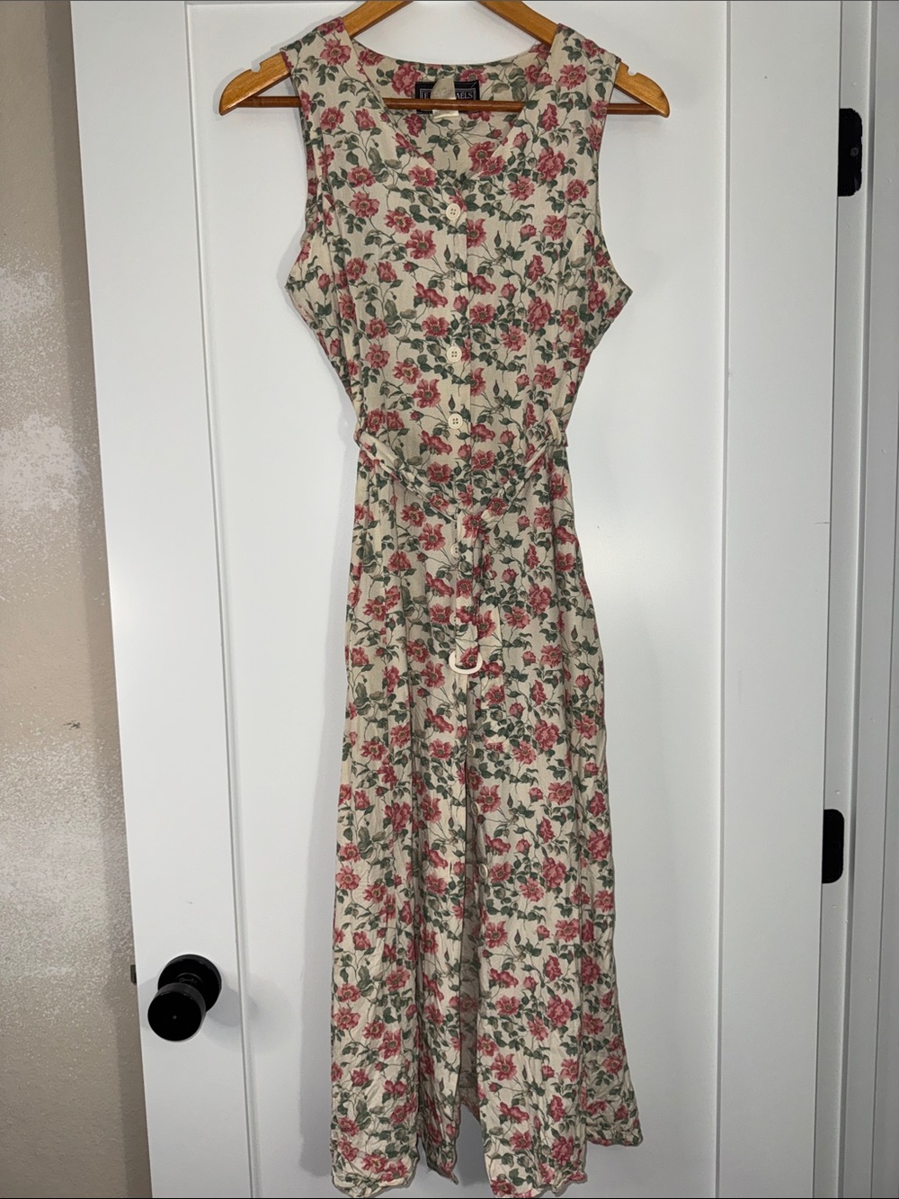 E.D Michaels Cream Maxi Dress w/ Pink Floral Print Sz 10 country 90s romantic